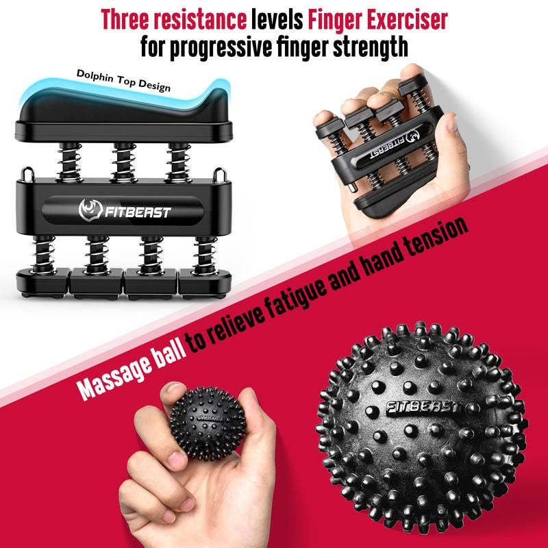 Fitbeast Grip Strength Trainer Kit, Pro Hand and Forearm Strengthener Kit with Adjustable Resistance and Multi-Function Massage Balls for Hand Therapy, Grip Training, and Recovery