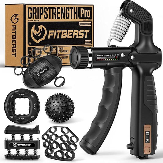 Fitbeast Grip Strength Trainer Kit, Pro Hand and Forearm Strengthener Kit with Adjustable Resistance and Multi-Function Massage Balls for Hand Therapy, Grip Training, and Recovery